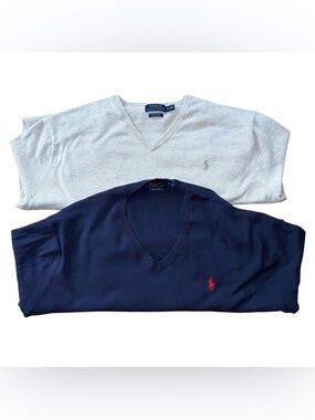 Set of 2 Polo Ralph Lauren Pima Cotton V-Neck Sweaters Navy Heathered Oatmeal XL